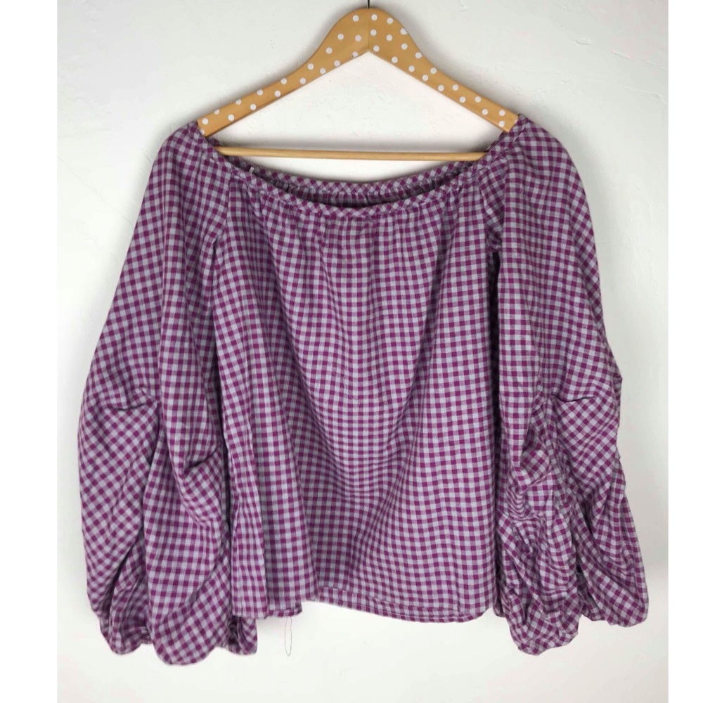 Anthropologie Purple Gingham Off-Shoulder Peasant Blouse